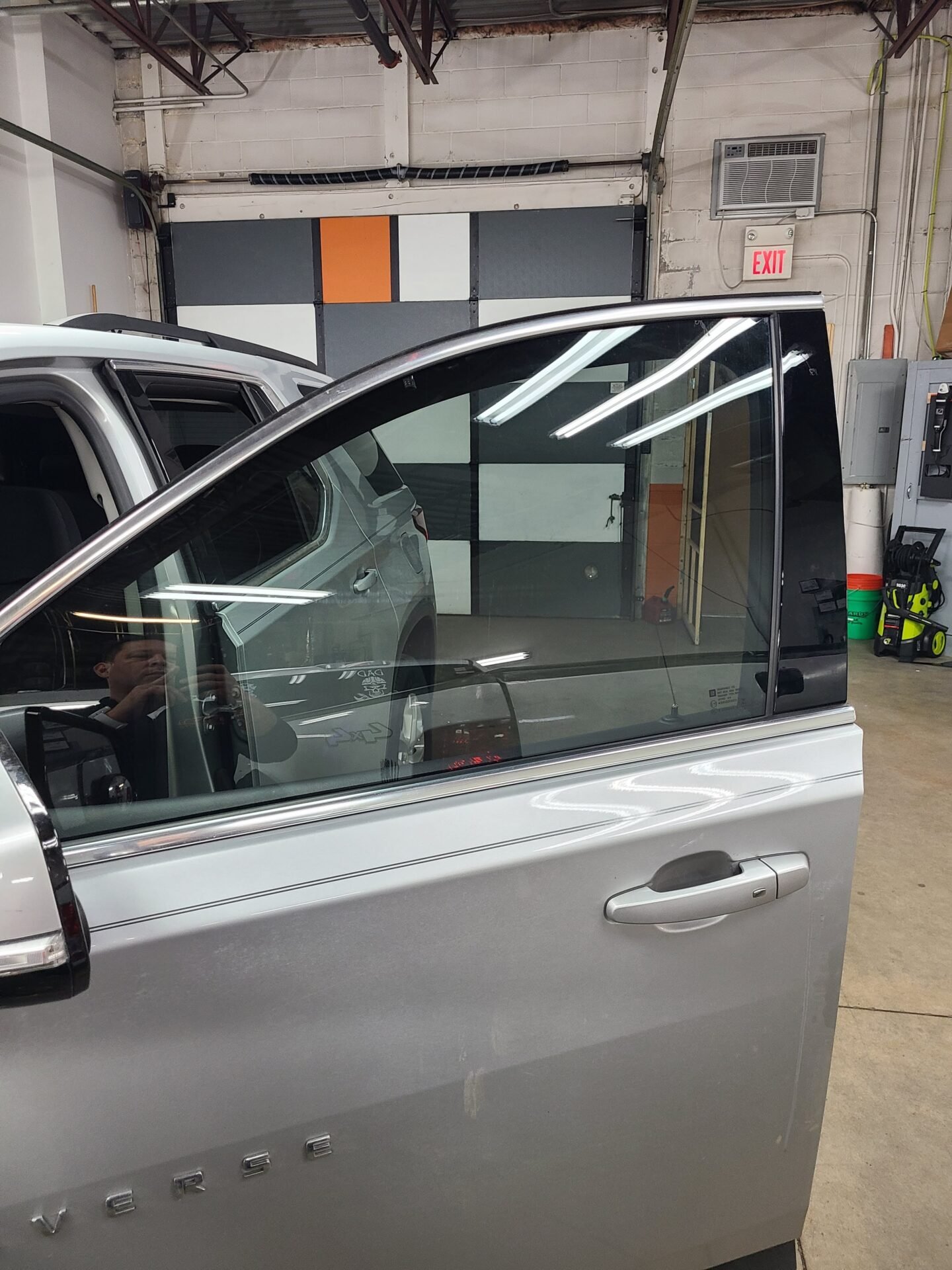 A front window of a car door